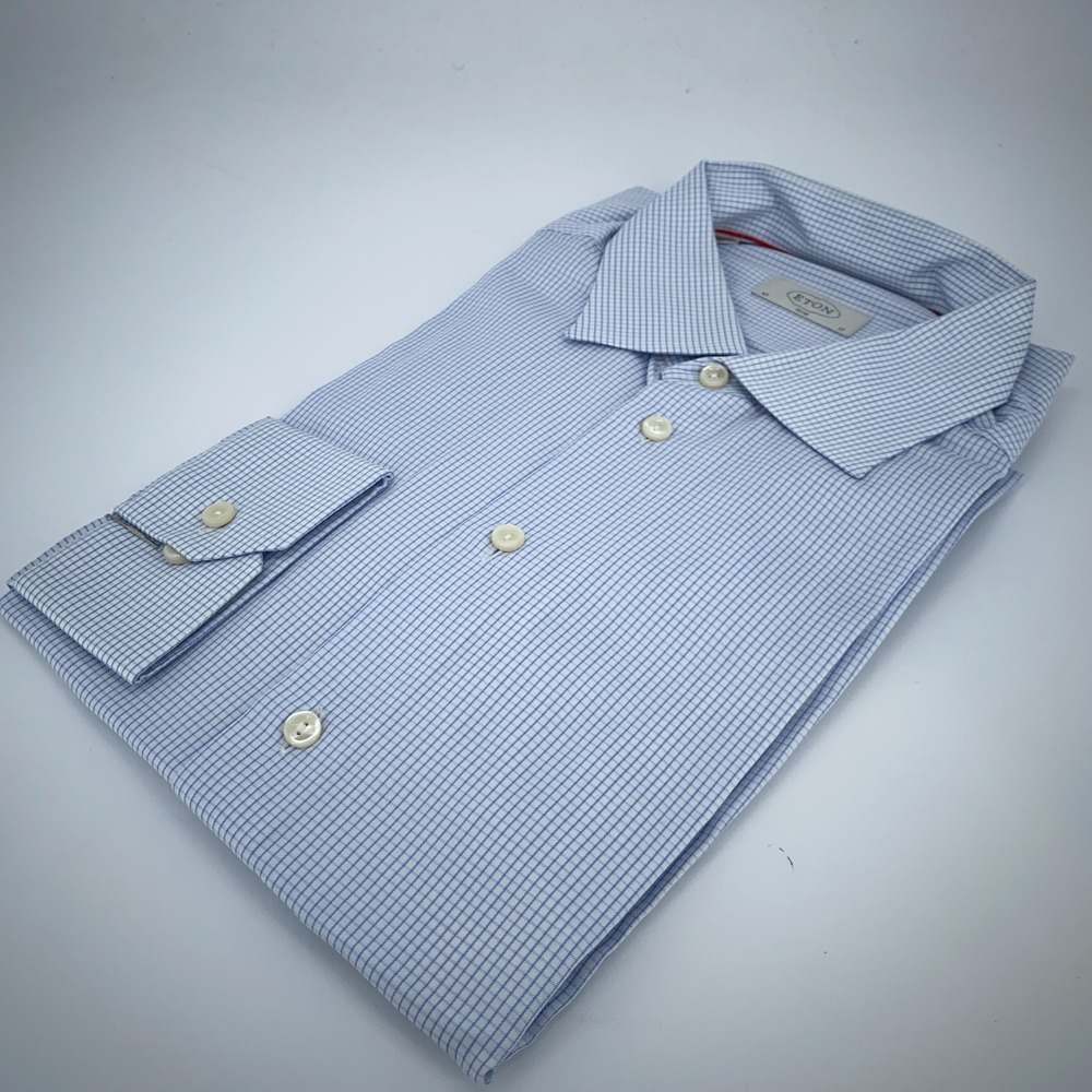 Eton Dress Shirt Men XL 17 - 43 White Blue‎ Check Formal Stretch Slim Button Up